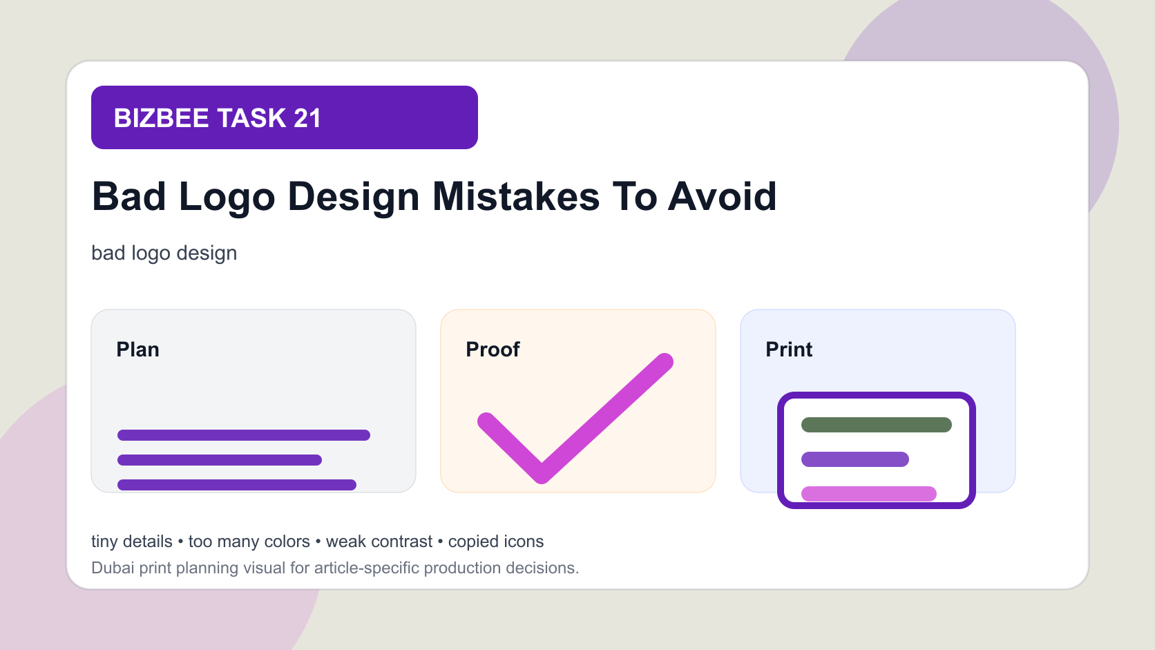 BizBee guide visual for bad logo design mistakes to avoid showing bad-versus-good logo comparison showing detail, contrast, spacing and print-size issues.