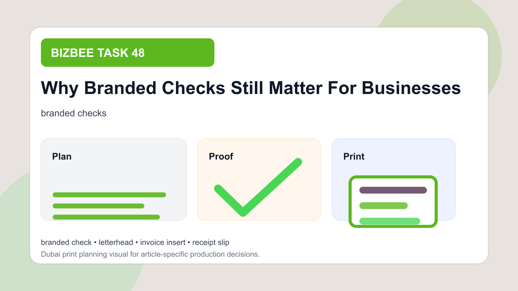 BizBee guide visual for why branded checks still matter for businesses showing branded business document set with checks, letterhead, envelopes, receipts and stamps.
