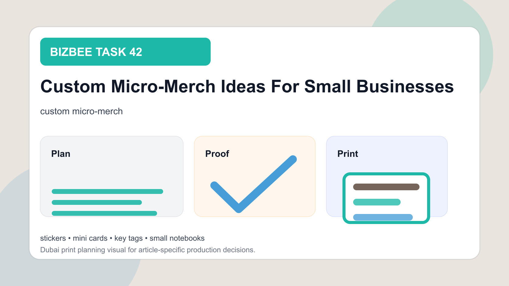BizBee guide visual for custom micro-merch ideas for small businesses showing micro-merch idea board with stickers, mini cards, tags, notebooks, packaging inserts and small gifts.