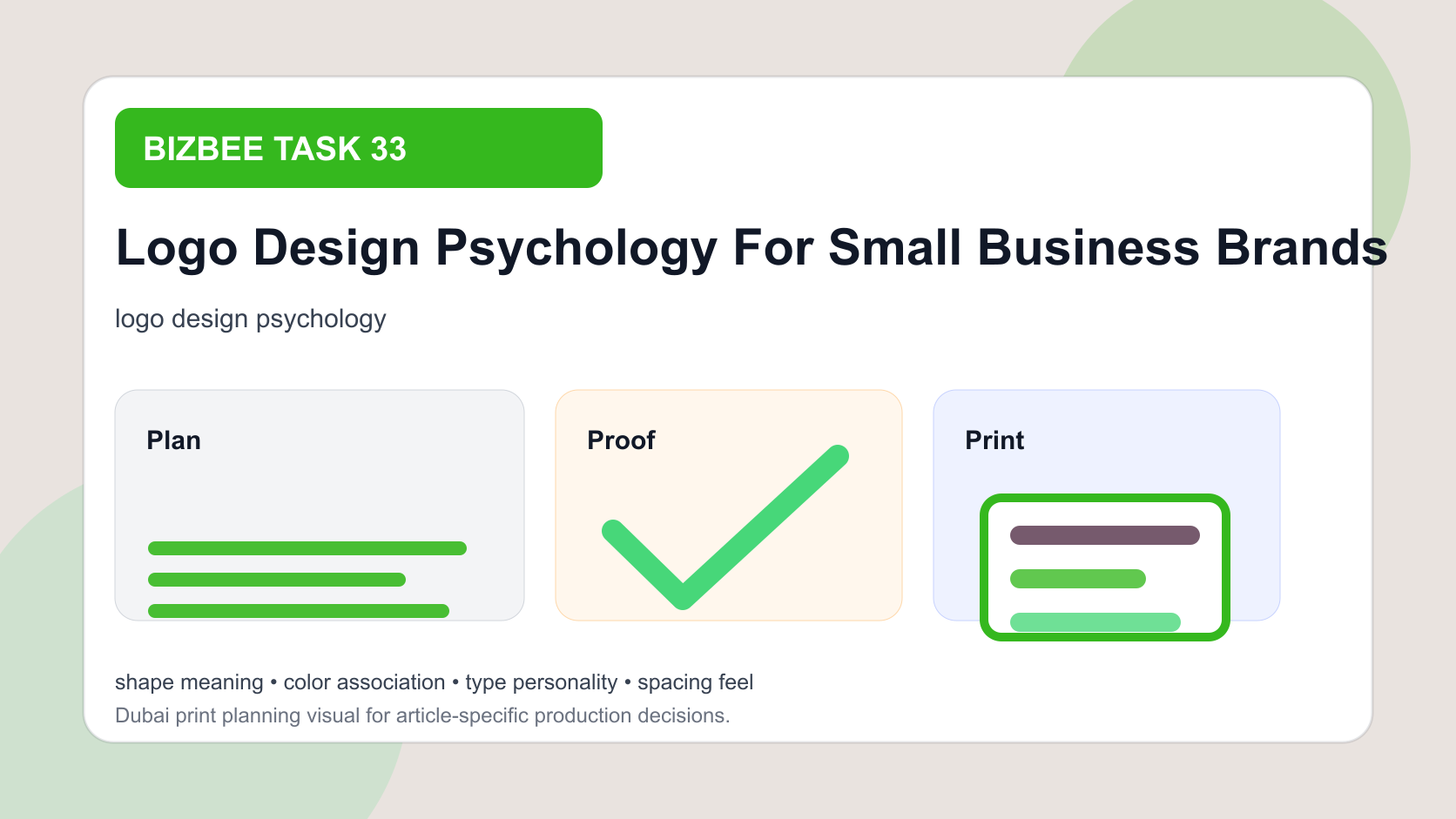BizBee guide visual for logo design psychology for small business brands showing logo psychology board with shapes, colors, type styles and customer perception notes.