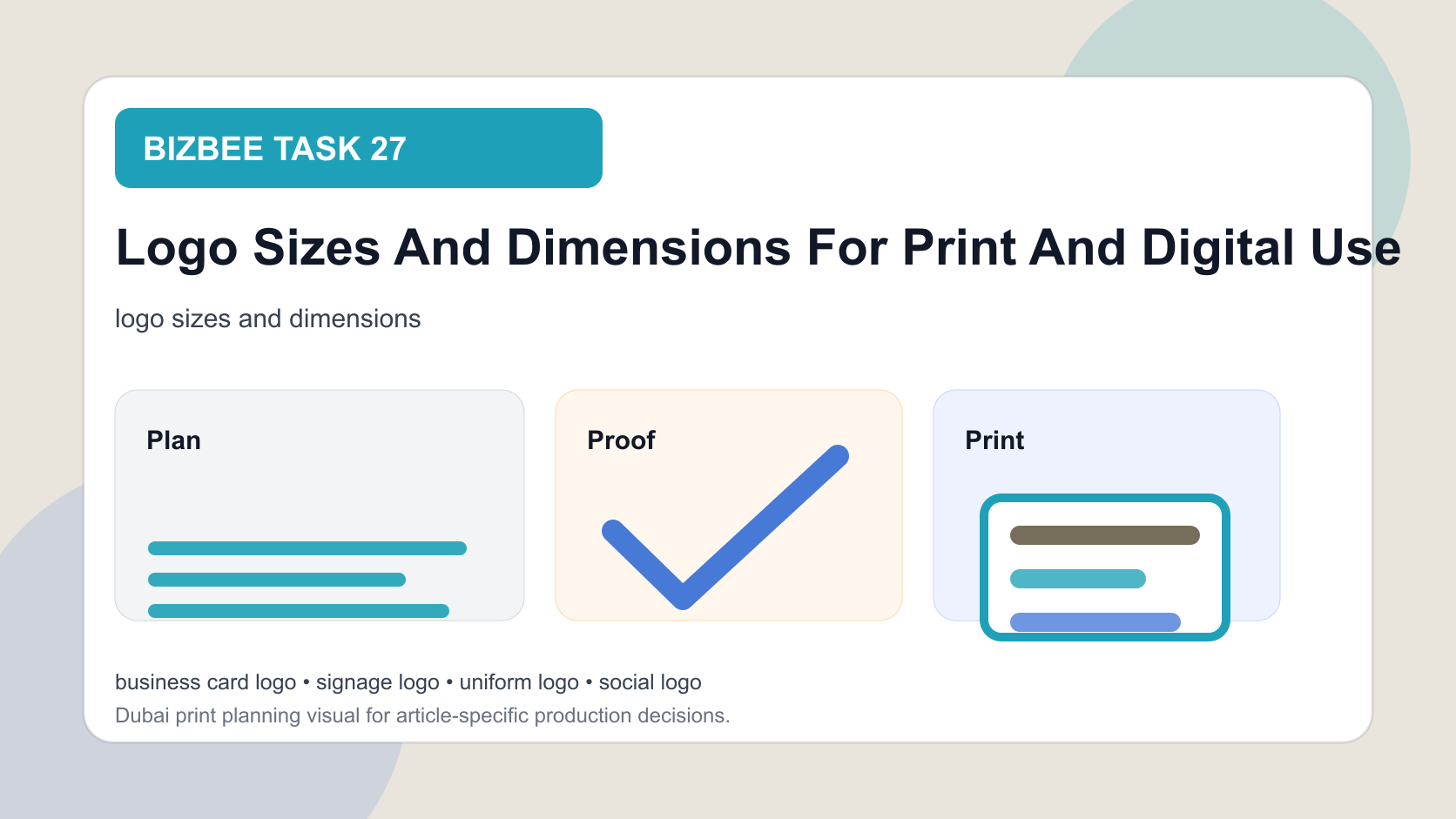 BizBee guide visual for logo sizes and dimensions for print and digital use showing logo size and dimension map for print, signage, apparel, packaging and digital channels.