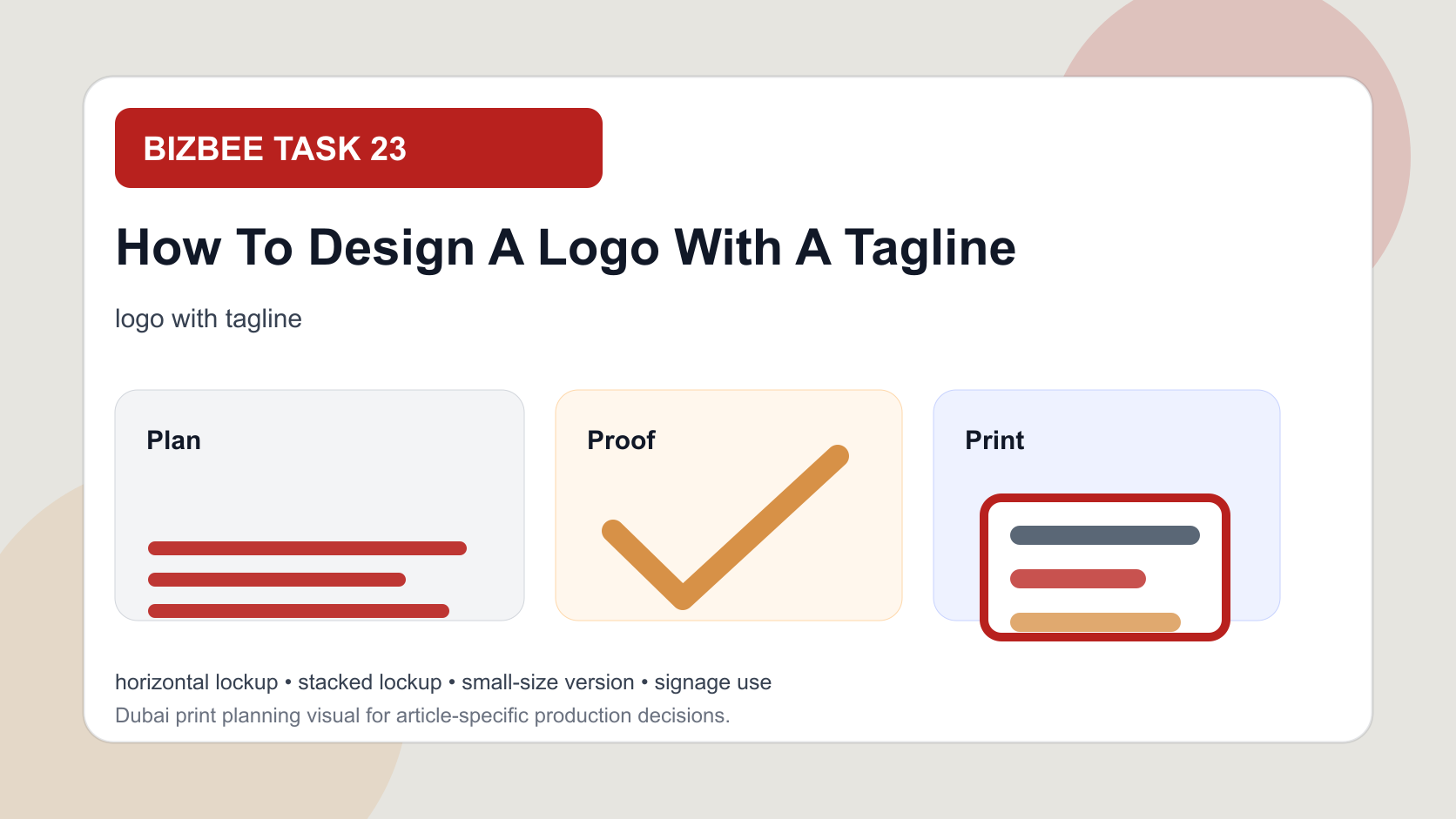 BizBee guide visual for how to design a logo with a tagline showing logo tagline lockup system with horizontal, stacked and small-size print versions.
