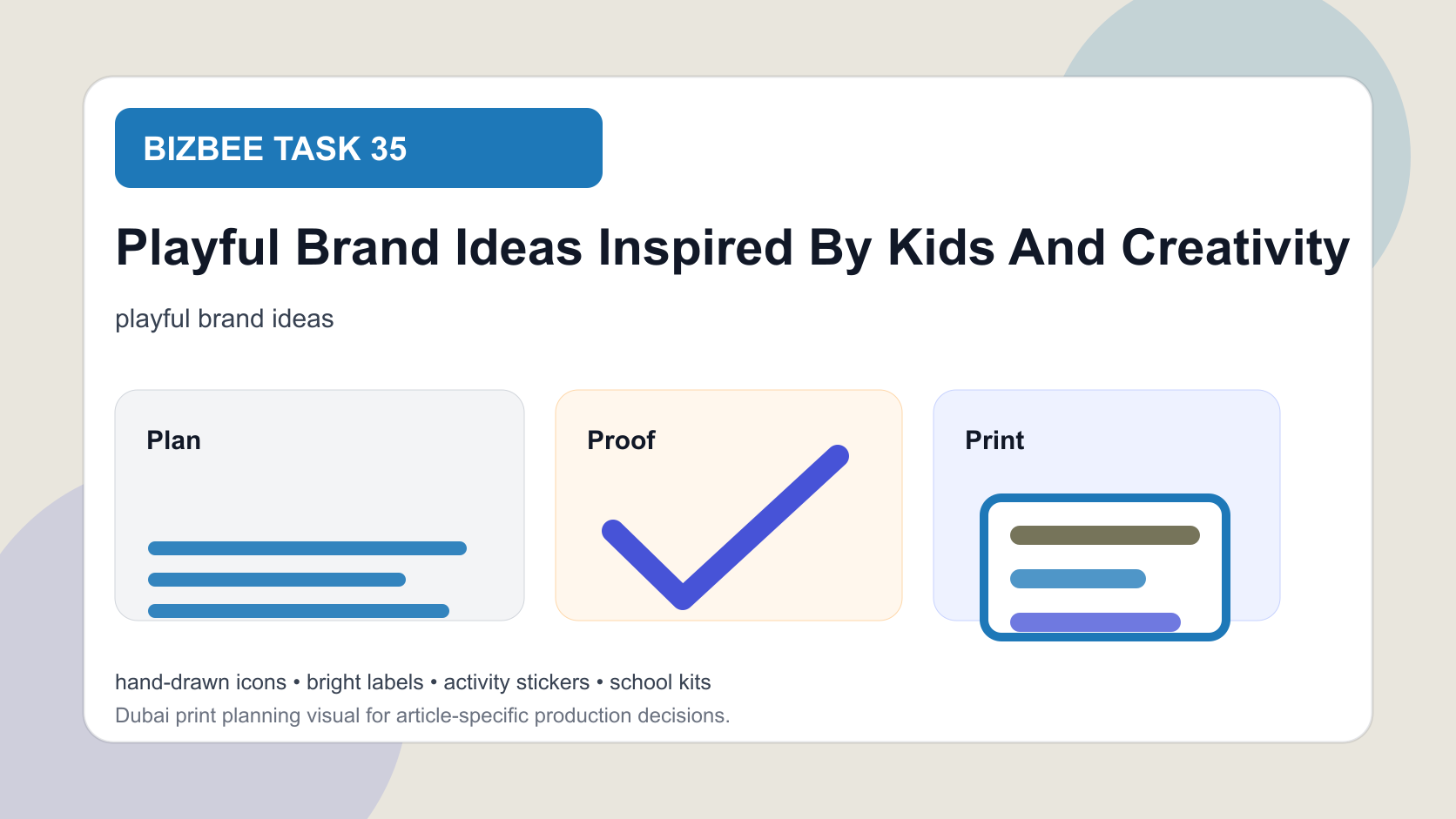 BizBee guide visual for playful brand ideas inspired by kids and creativity showing playful brand board with school supplies, stickers, signs, shirts and friendly logo elements.
