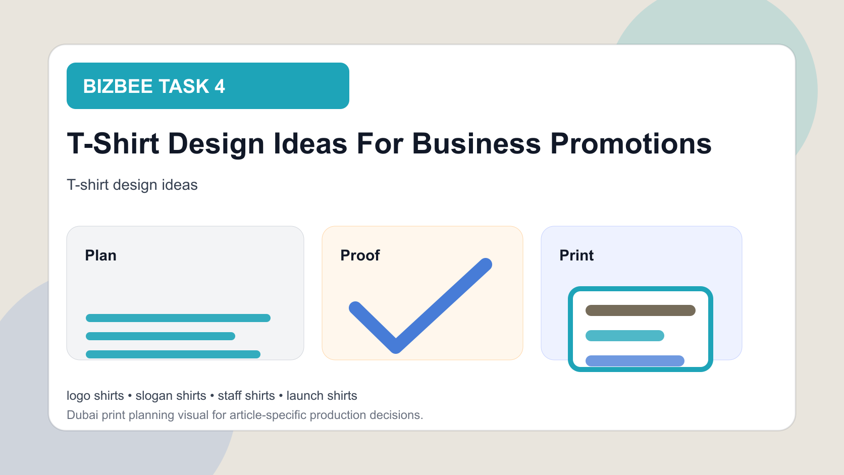 BizBee guide visual for t-shirt design ideas for business promotions showing grid of business T-shirt ideas for uniforms, events, giveaways, slogans and illustrated merch.