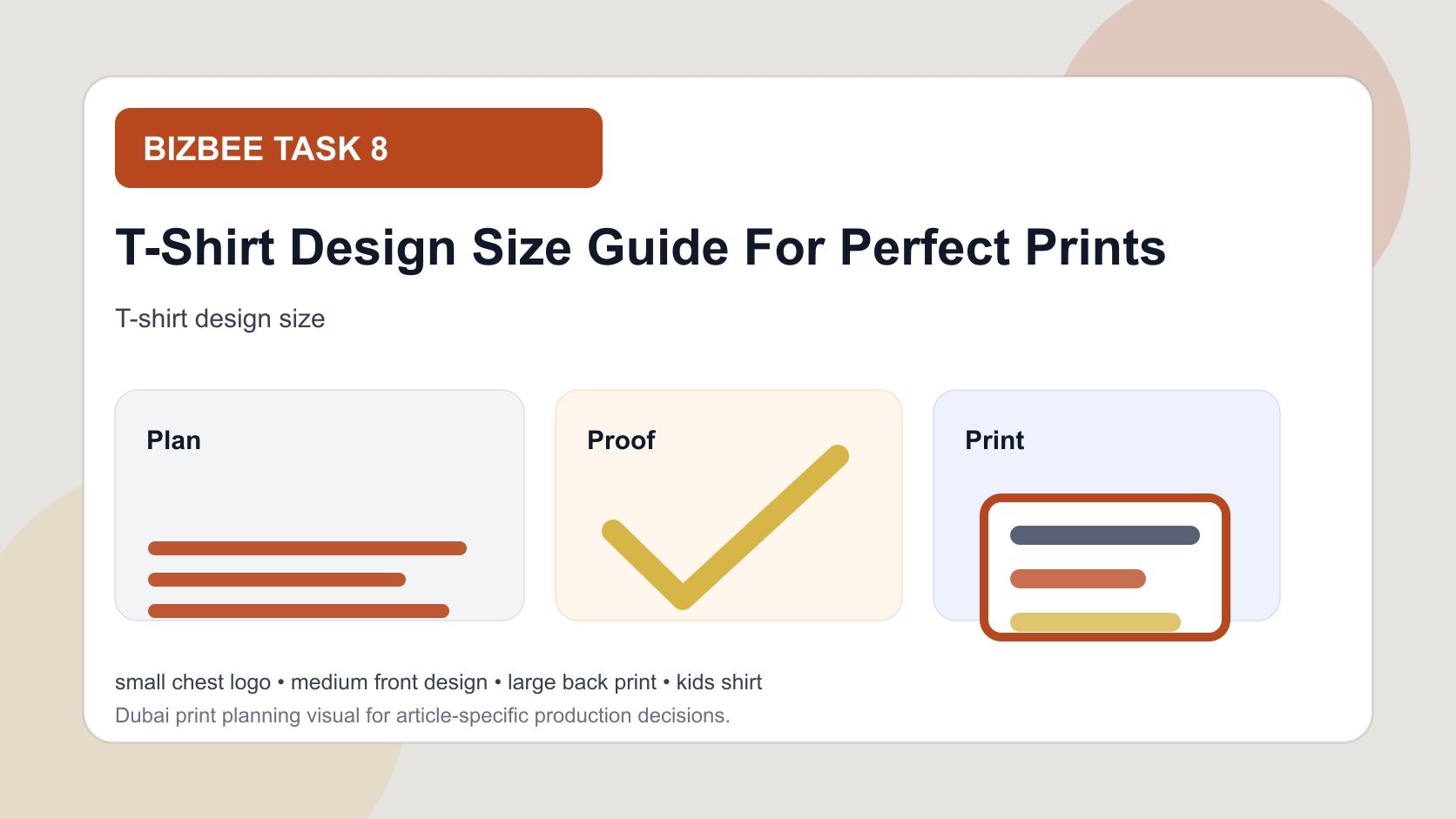 BizBee guide visual for t-shirt design size guide for perfect prints showing print size comparison chart for T-shirt logos, front graphics, back prints and sleeves.