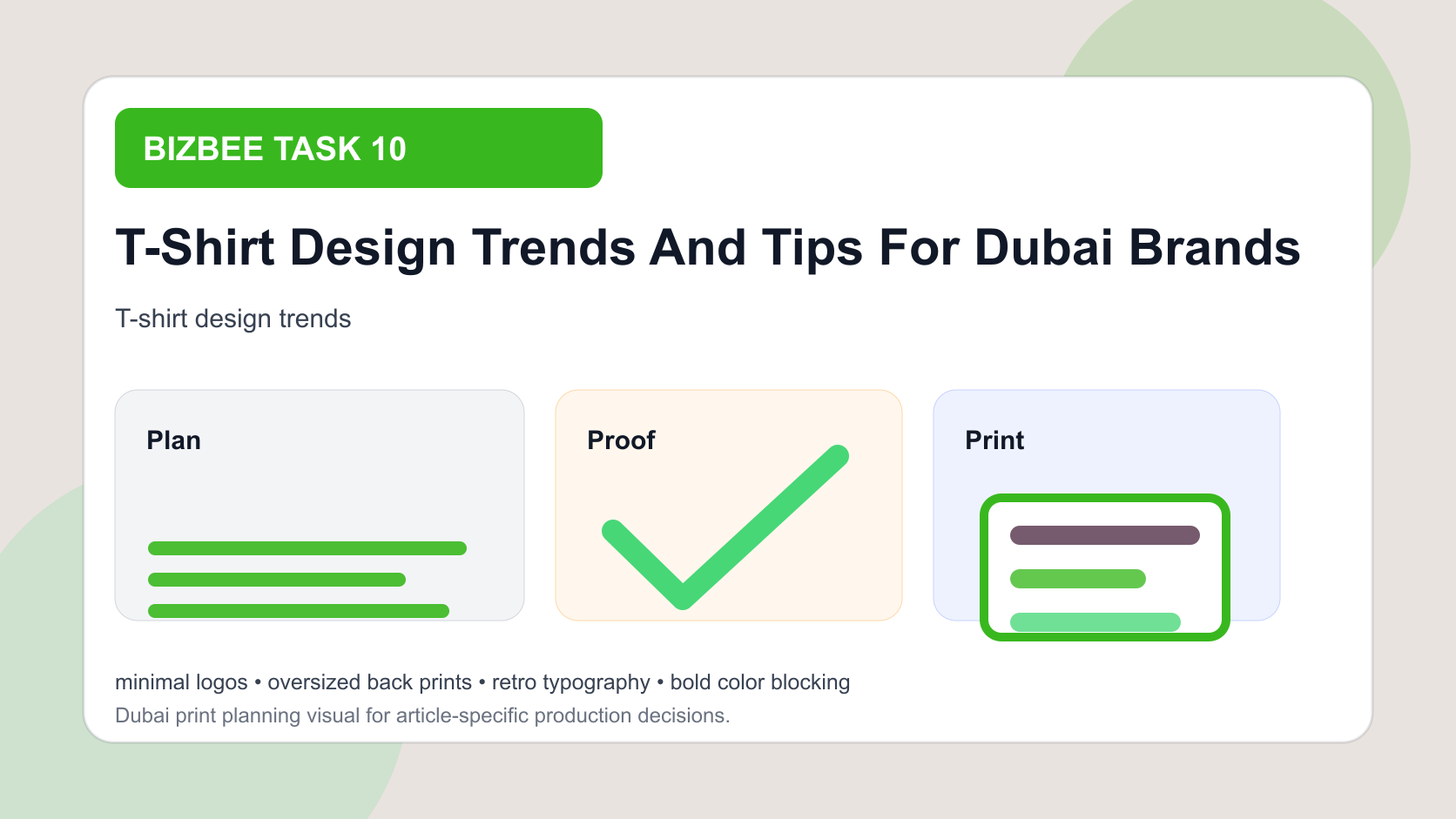 BizBee guide visual for t-shirt design trends and tips for dubai brands showing trend board of T-shirt styles for Dubai brands with logo, type, color and campaign notes.