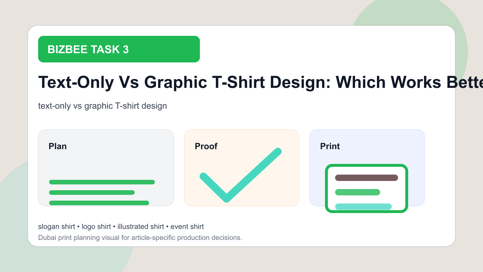 BizBee guide visual for text-only vs graphic t-shirt design: which works better? showing side-by-side text-only and graphic T-shirt layouts with readability and production notes.