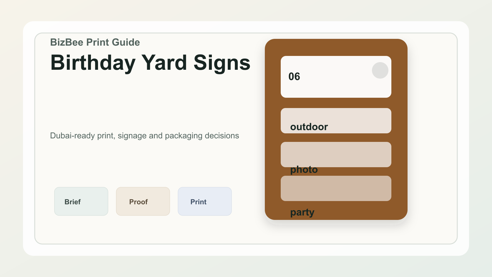 BizBee guide visual for birthday yard sign ideas and printing guide showing birthday yard signs arranged outside with names, colors and celebration layouts.