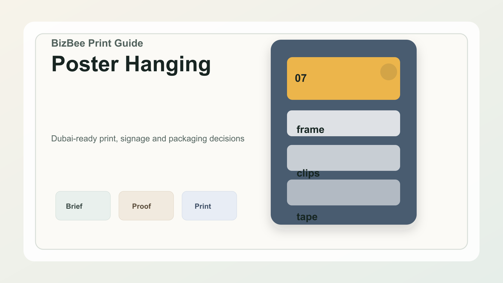 BizBee guide visual for how to hang a poster without damaging the print showing poster hanging methods with frames, clips, tape and wall display options.