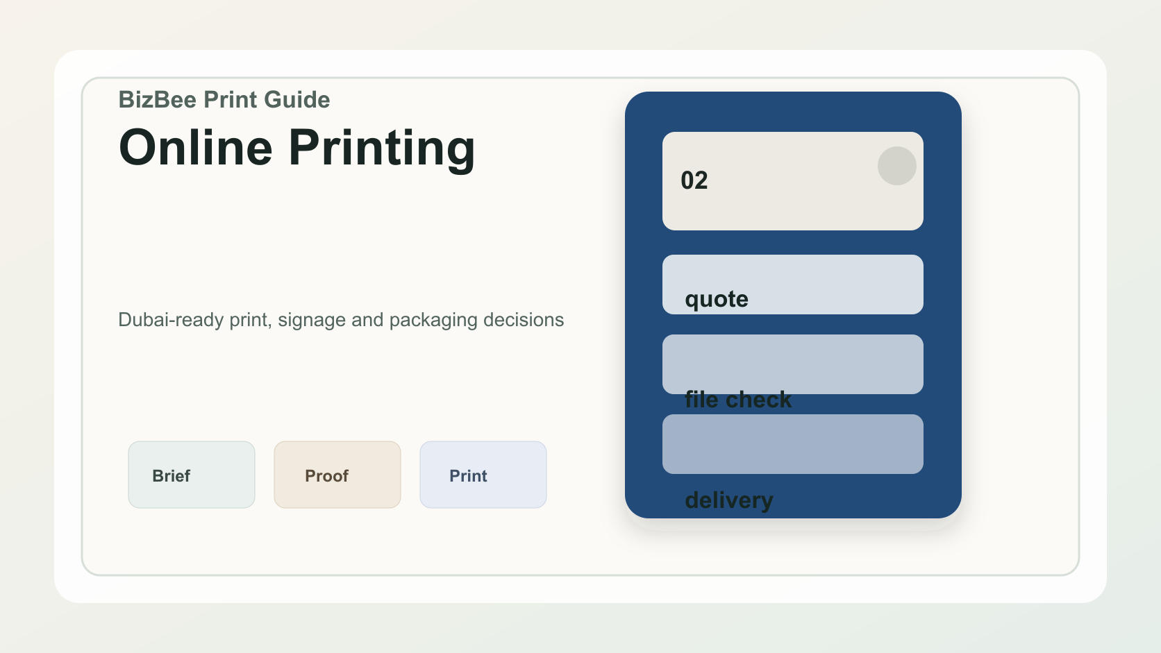 BizBee guide visual for how to choose the best online printing service in dubai showing online printing service comparison dashboard for Dubai businesses.