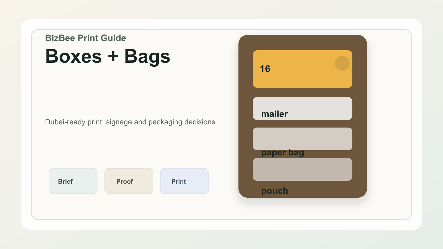 BizBee guide visual for types of packaging boxes and bags for business branding showing branded packaging boxes and bags with retail, ecommerce, gift and food examples.