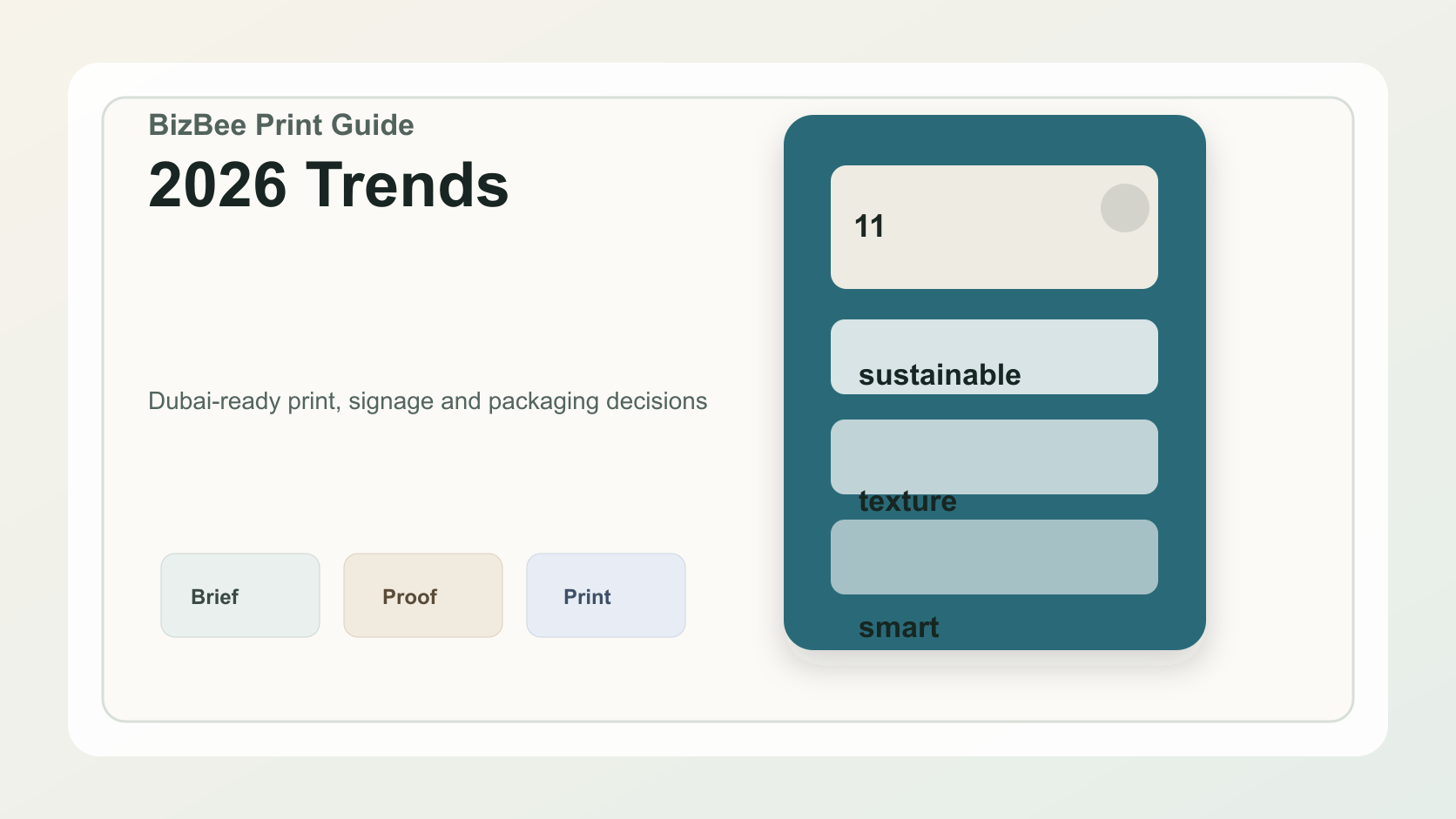 BizBee guide visual for packaging trends 2026 for small businesses showing 2026 packaging trend examples with material, type, texture, QR and personalization details.