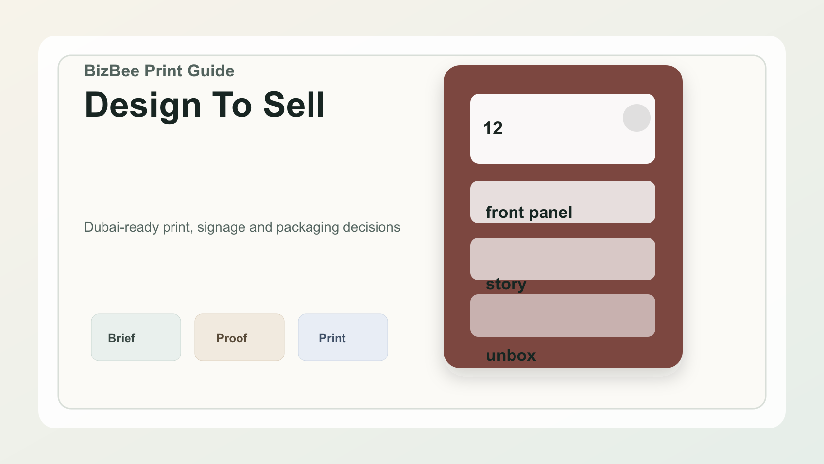 BizBee guide visual for product packaging design tips that help your product sell showing product packaging design elements showing shelf visibility, hierarchy, material and unboxing.