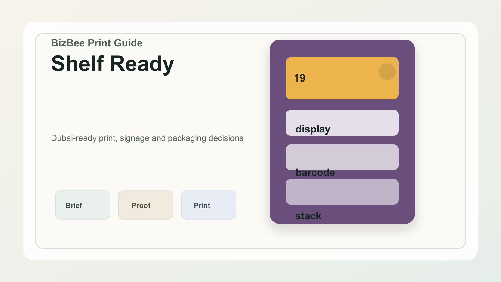 BizBee guide visual for shelf-ready packaging guide for growing brands showing shelf-ready packaging in a retail display with labels, barcodes and front-facing product panels.