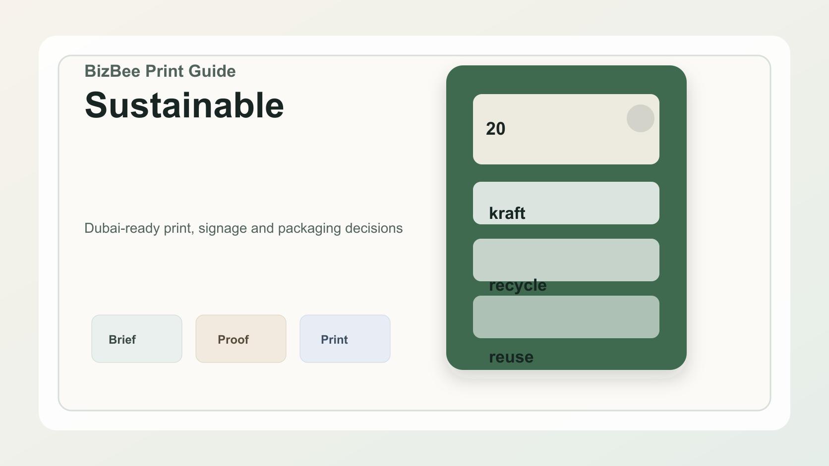 BizBee guide visual for sustainable packaging guide for small businesses showing sustainable packaging options with kraft boxes, recyclable labels, paper inserts and reusable bags.