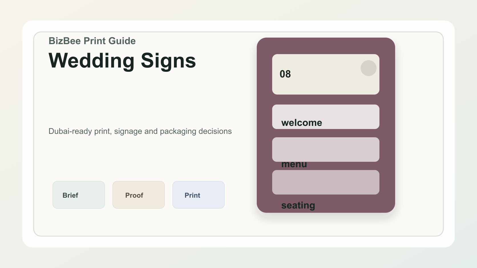 BizBee guide visual for wedding sign ideas for elegant events in dubai showing elegant wedding sign set with welcome board, menu, seating and directional signs.