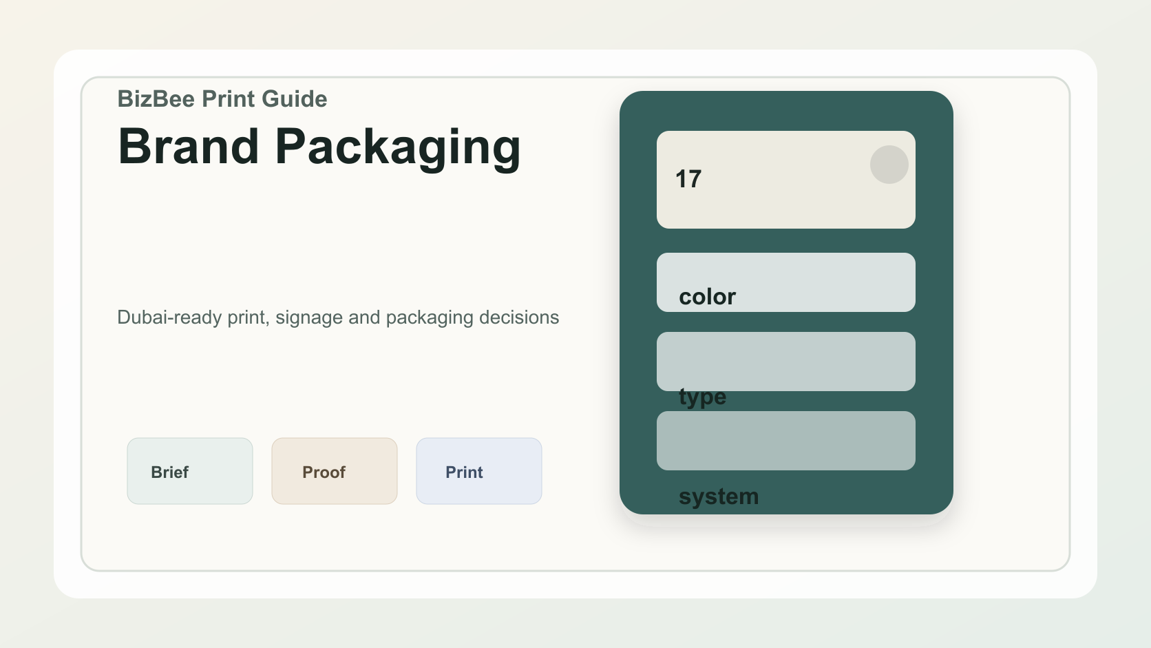 BizBee guide visual for what is brand packaging and why does it matter? showing complete brand packaging system with boxes, labels, inserts, colors and typography.