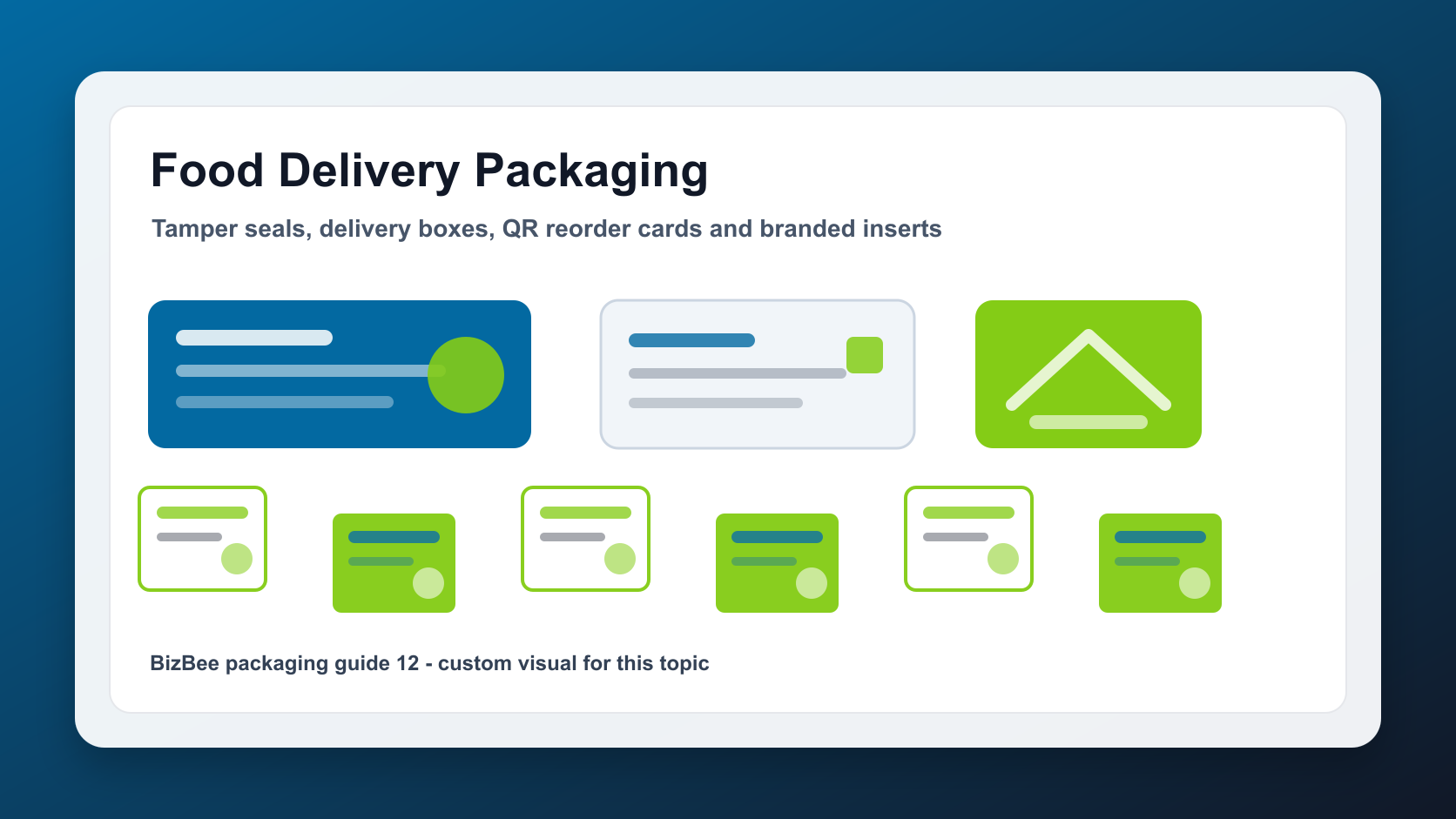 BizBee packaging guide visual for food delivery packaging that keeps orders fresh and on brand showing branded food delivery packaging with boxes, labels, tamper seals and inserts.