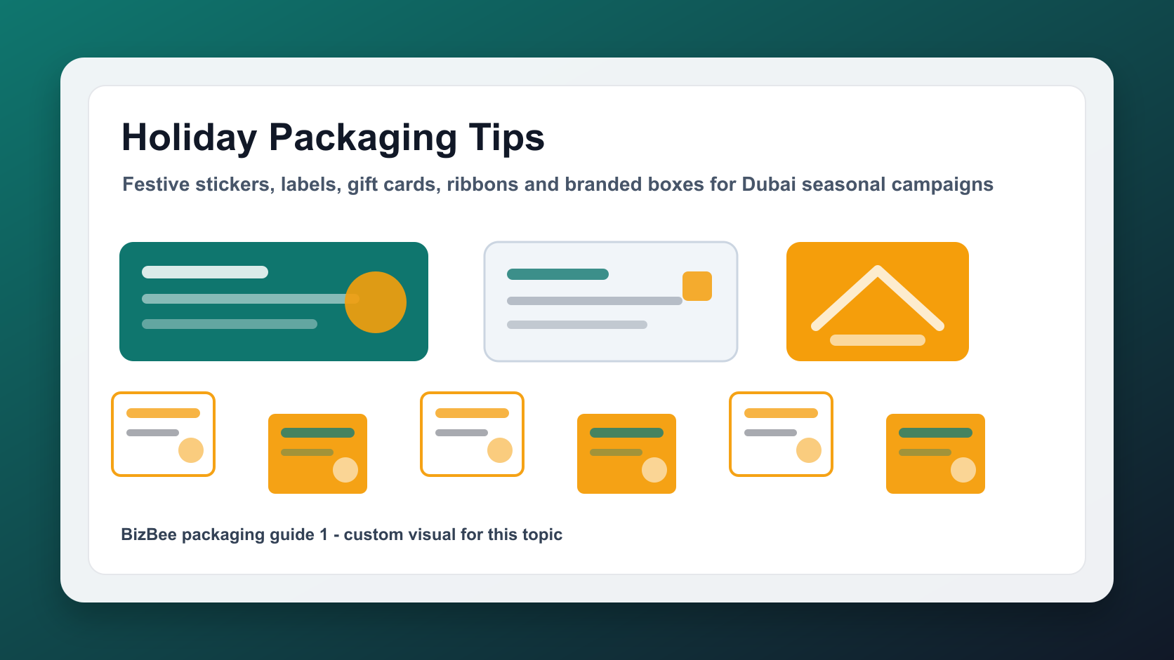 BizBee packaging guide visual for holiday packaging tips for dubai small businesses showing festive branded packaging samples for Dubai small businesses.