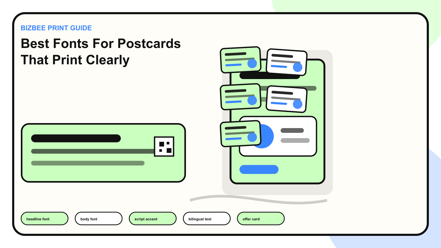 BizBee print guide visual for best fonts for postcards that print clearly showing postcard font comparison with clear headline, body copy, contrast and bilingual spacing examples.