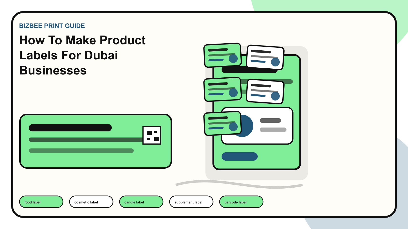 BizBee print guide visual for how to make product labels for dubai businesses showing product label design steps across jars, bottles, boxes and retail packaging.