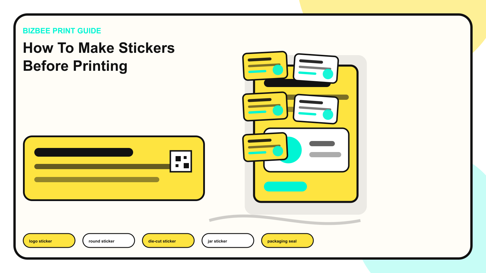 BizBee print guide visual for how to make stickers before printing showing sticker artwork preparation with cut lines, size notes, color options and exported PDF proof.