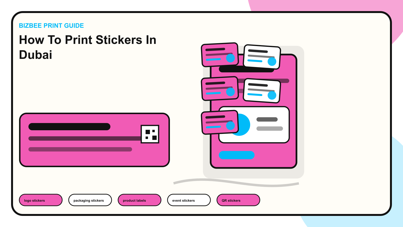 BizBee print guide visual for how to print stickers in dubai showing sticker sheets, die-cut stickers, packaging labels and printed rolls on a production table.