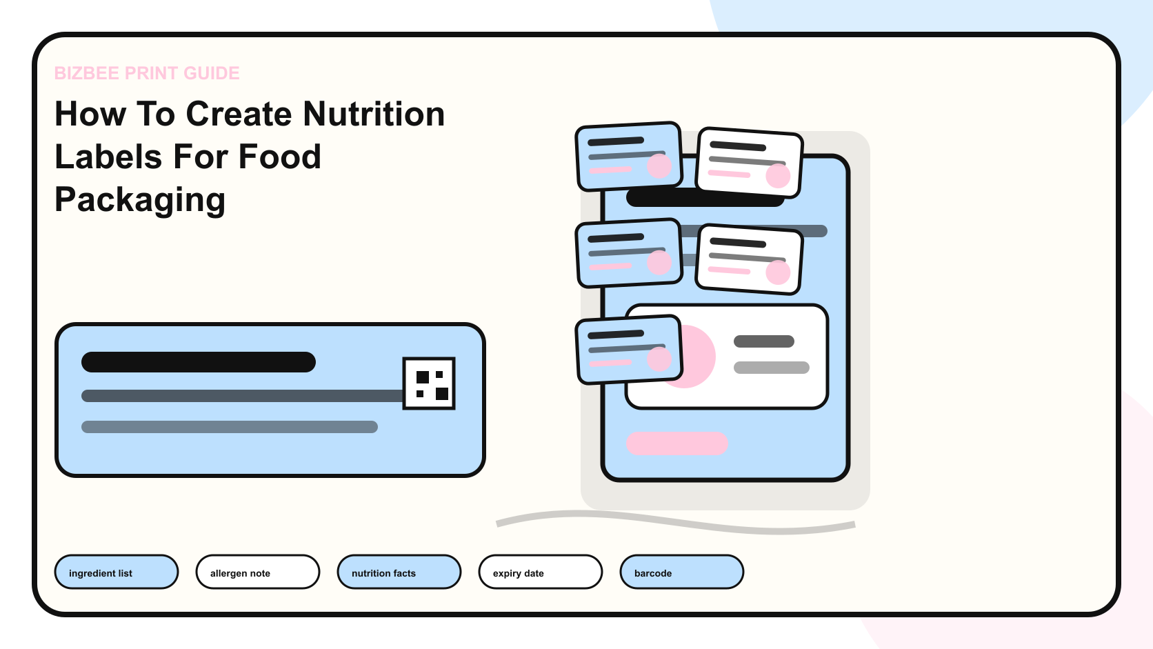 BizBee print guide visual for how to create nutrition labels for food packaging showing food packaging label layouts with nutrition panel, ingredients, barcode and expiry date areas.