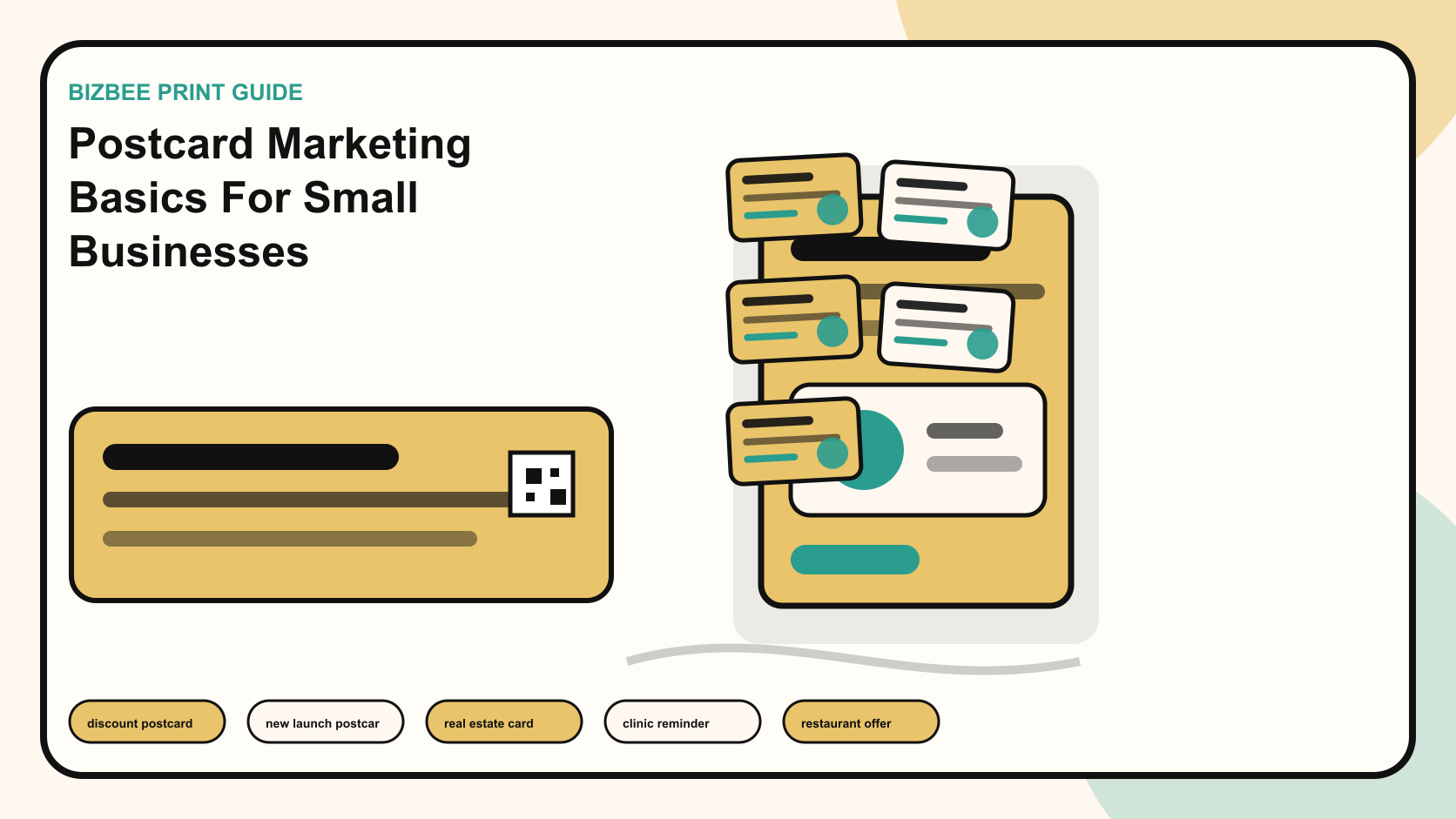 BizBee print guide visual for postcard marketing basics for small businesses showing postcard marketing campaign with offer cards, QR tracking and distribution plan.