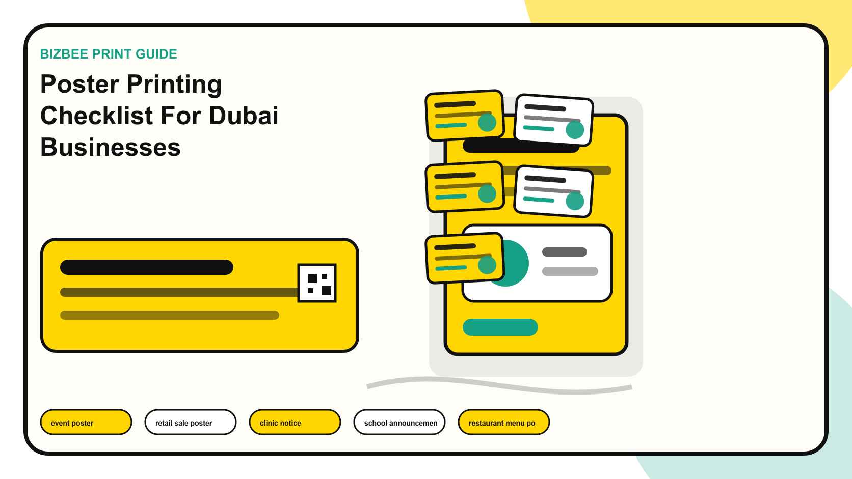 BizBee print guide visual for poster printing checklist for dubai businesses showing poster proofs on a design desk with crop marks, color swatches and final printed posters.