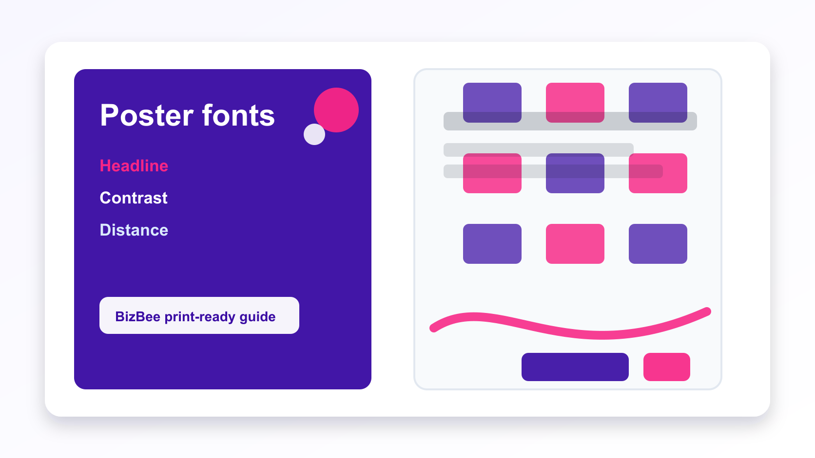 BizBee print guide visual for best fonts for posters that need to be read from distance showing poster font comparison with distance readability and contrast.