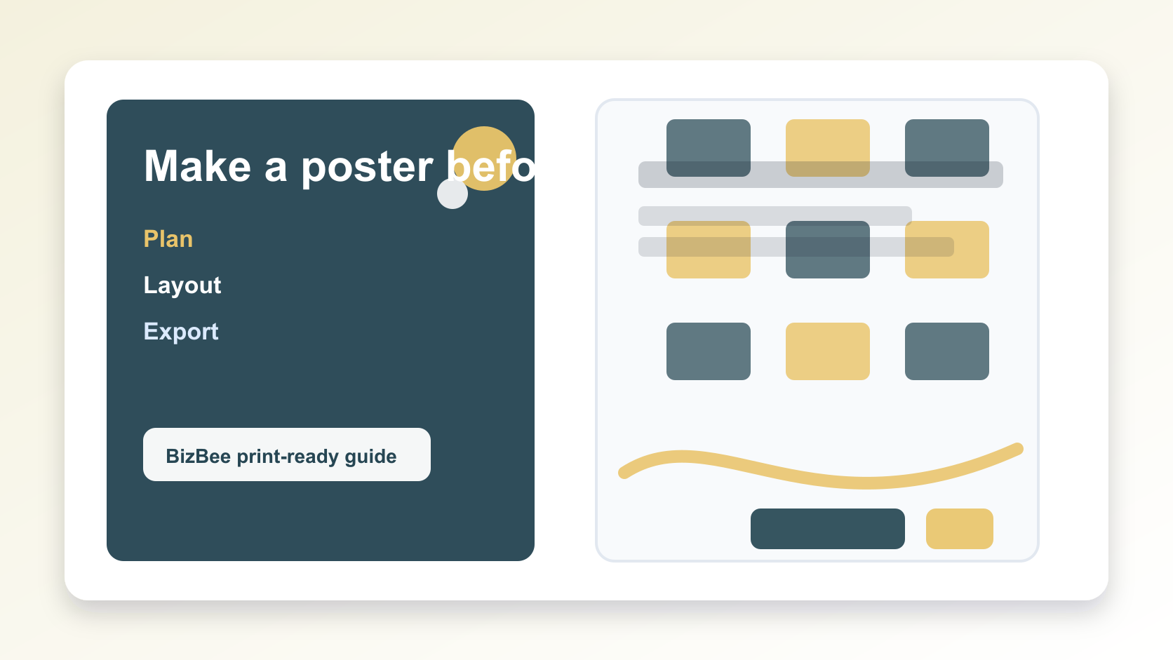 BizBee print guide visual for how to make a poster before sending it to print showing poster creation steps from brief to layout to print-ready PDF.
