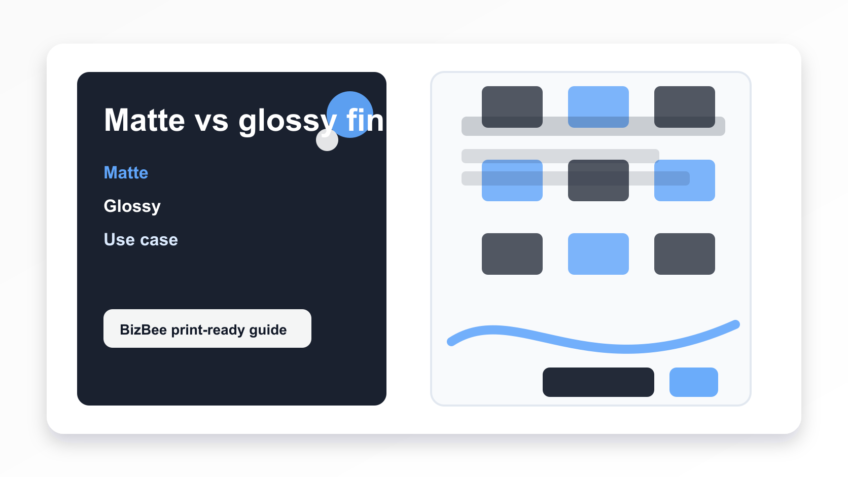 BizBee print guide visual for matte vs glossy finish: which one should you choose? showing matte and glossy printed samples under light.