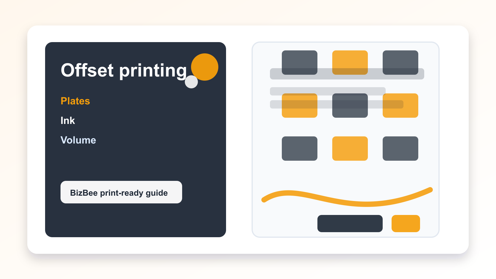 BizBee print guide visual for what is offset printing and when is it worth it? showing offset press style production with plates, ink and finished sheets.