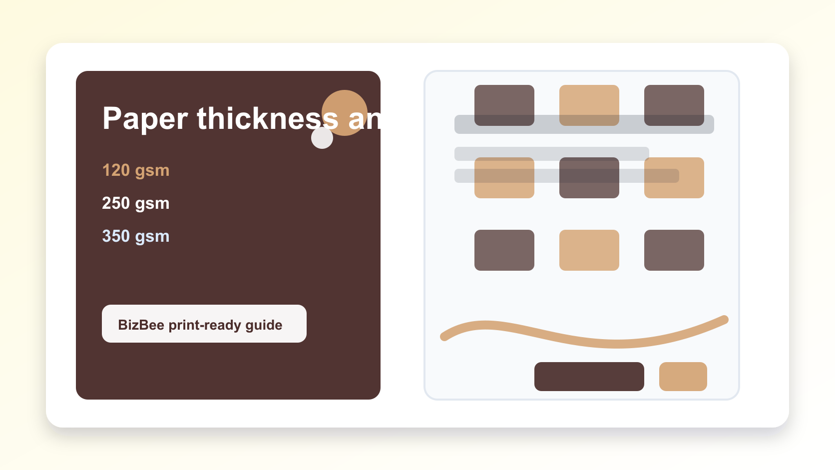 BizBee print guide visual for paper thickness and gsm guide for printing in dubai showing stacked paper thickness comparison with GSM samples.