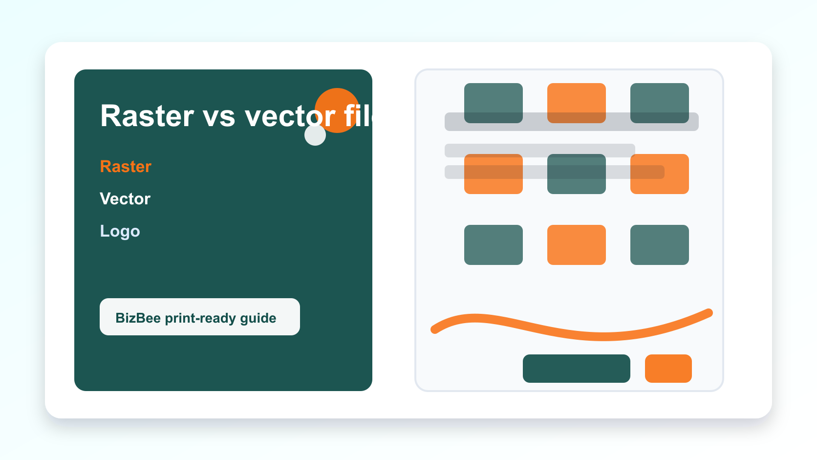 BizBee print guide visual for raster vs vector files: which one should you send for printing? showing raster pixels versus vector curves for logo printing.