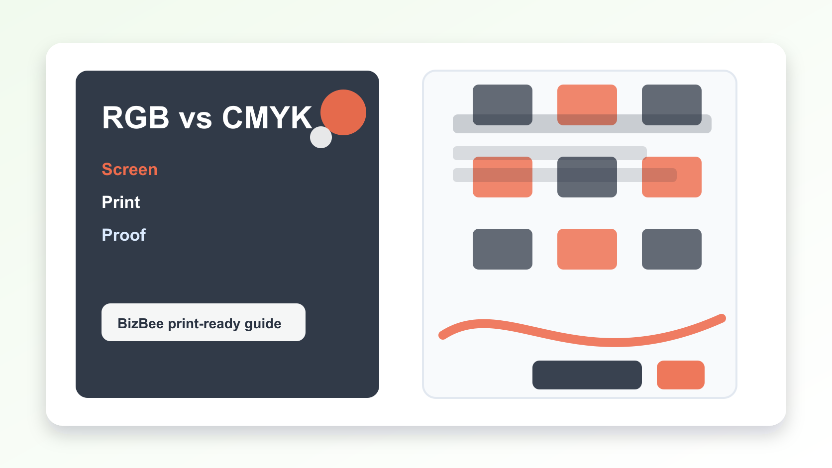 BizBee print guide visual for rgb vs cmyk: what dubai businesses need to know before printing showing RGB screen color compared with CMYK printed samples.