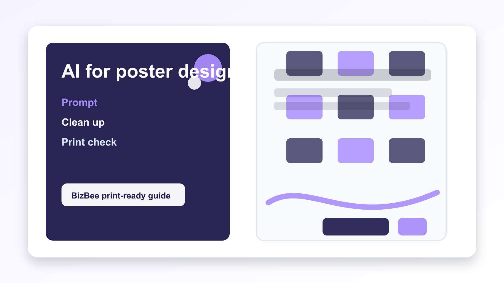 BizBee print guide visual for how to use ai for poster design before printing showing AI poster concept moving into print-ready poster proof workflow.