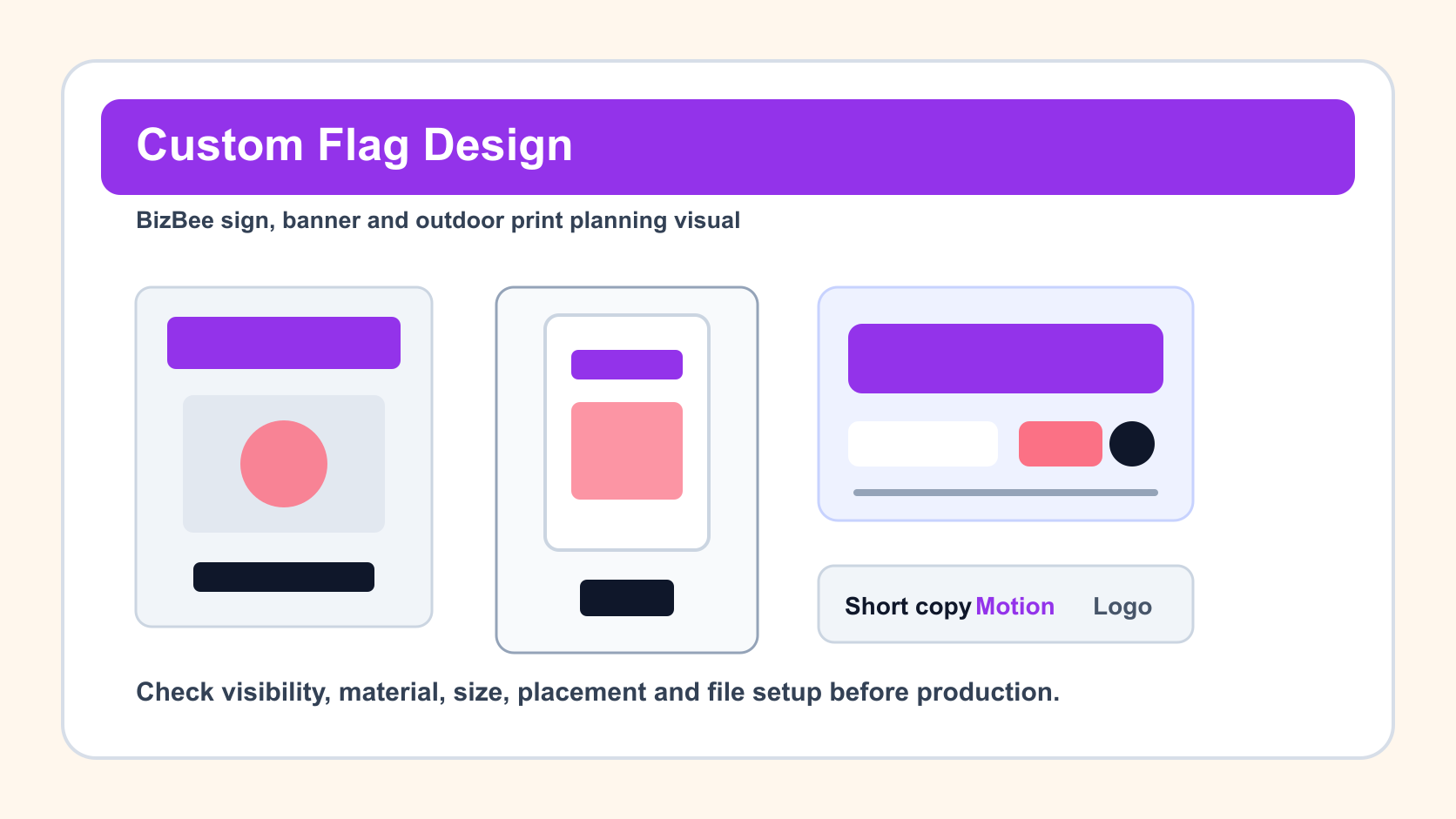 BizBee signage guide visual for how to design custom flags for business promotions showing custom flag design examples for storefronts, events and promotions.
