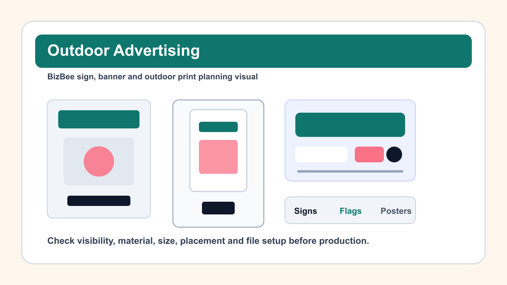 BizBee signage guide visual for outdoor advertising guide for dubai small businesses showing outdoor advertising placements with banners, signs, flags, posters and storefront displays.