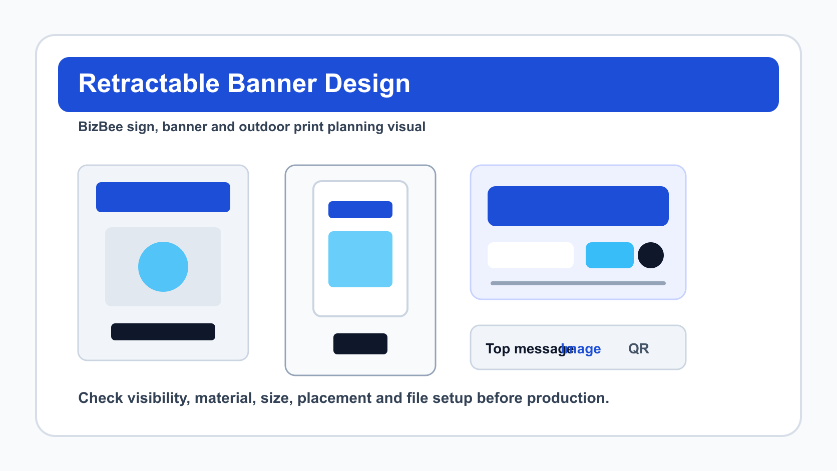 BizBee signage guide visual for retractable banner design tips for events and shops showing retractable banner layouts with top headline, mid offer, QR and base-safe area.