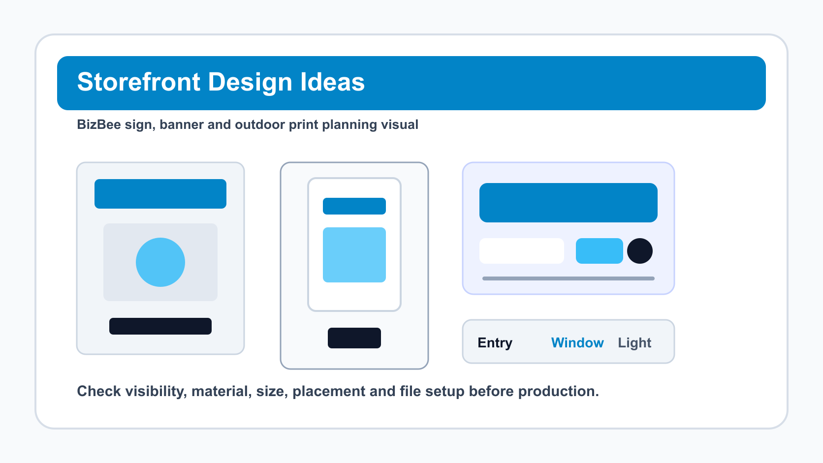 BizBee signage guide visual for storefront design ideas to make your business more visible showing storefront design improvements with signage, windows, posters and entrance messaging.